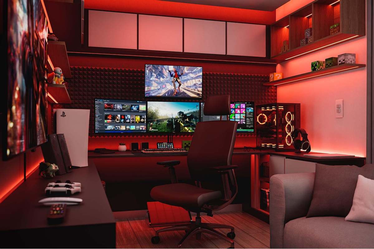 Une salle de jeu avec plusieurs écrans une chaise des étagères et éclairage rouge