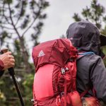 Deux randonneurs avec des sacs à dos et des bâtons de marche en forêt sous un ciel nuageux