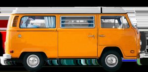 Van orange vintage, fenêtres avec rideaux, roues, portes latérales visibles